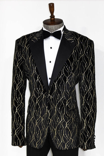 Gold Patterned Black Men Prom Blazer Wessi