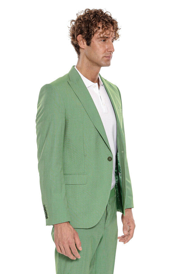 2 Piece Patterned Slim Fit Green Men Suit - Wessi