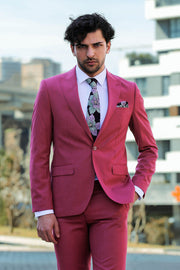 2 Piece Patterned Slim Fit Magenta Men Suit - Wessi