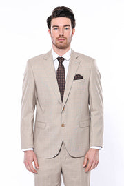 4 Drop Checked Regular Fit Beige Suit - Wessi