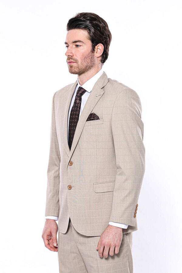 4 Drop Checked Regular Fit Beige Suit - Wessi