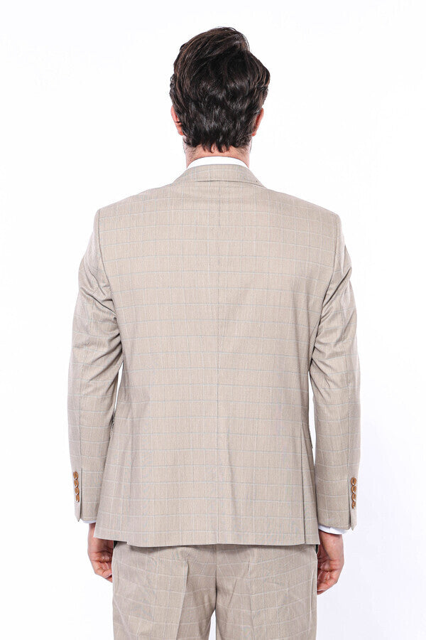 4 Drop Checked Regular Fit Beige Suit - Wessi