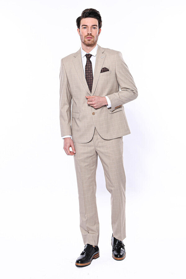 4 Drop Checked Regular Fit Beige Suit - Wessi