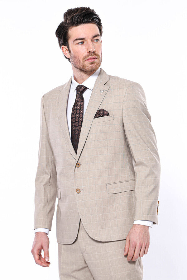 4 Drop Checked Regular Fit Beige Suit - Wessi