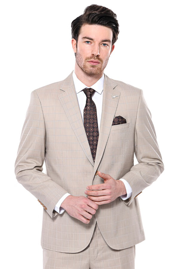 4 Drop Checked Regular Fit Beige Suit - Wessi