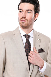 4 Drop Checked Regular Fit Beige Suit - Wessi