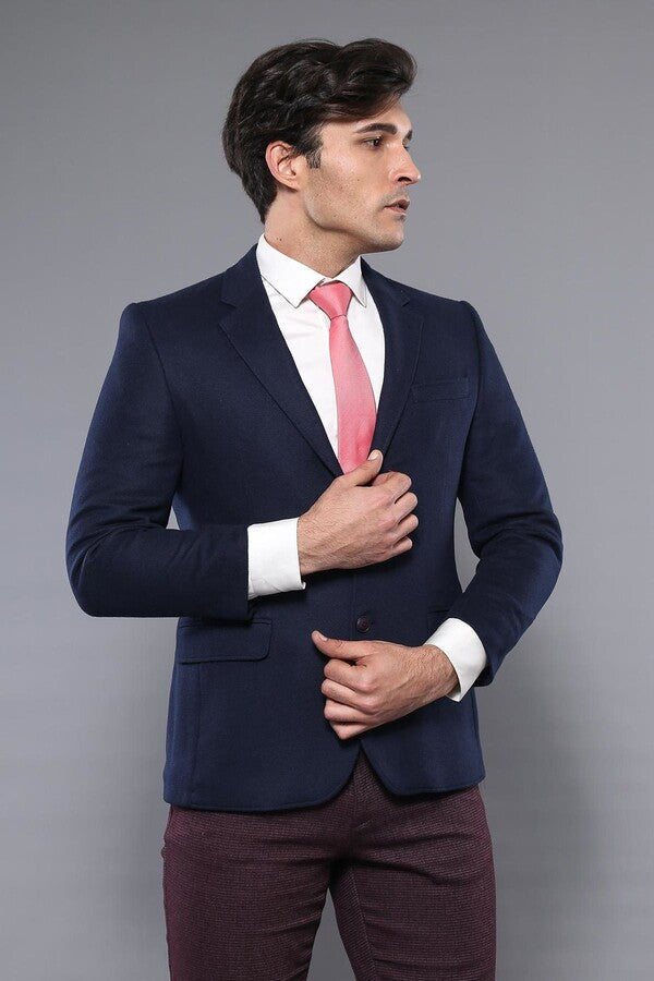 4 Drop Wool Navy Blue Men Blazer - Wessi