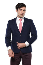 4 Drop Wool Navy Blue Men Blazer - Wessi