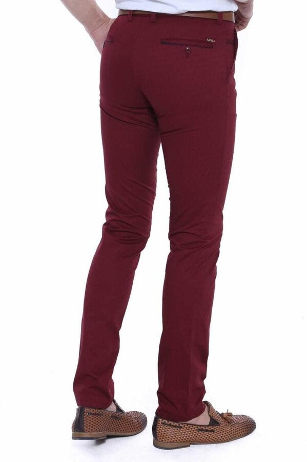 5 Pockets Patterned Burgundy Men Pants - Wessi