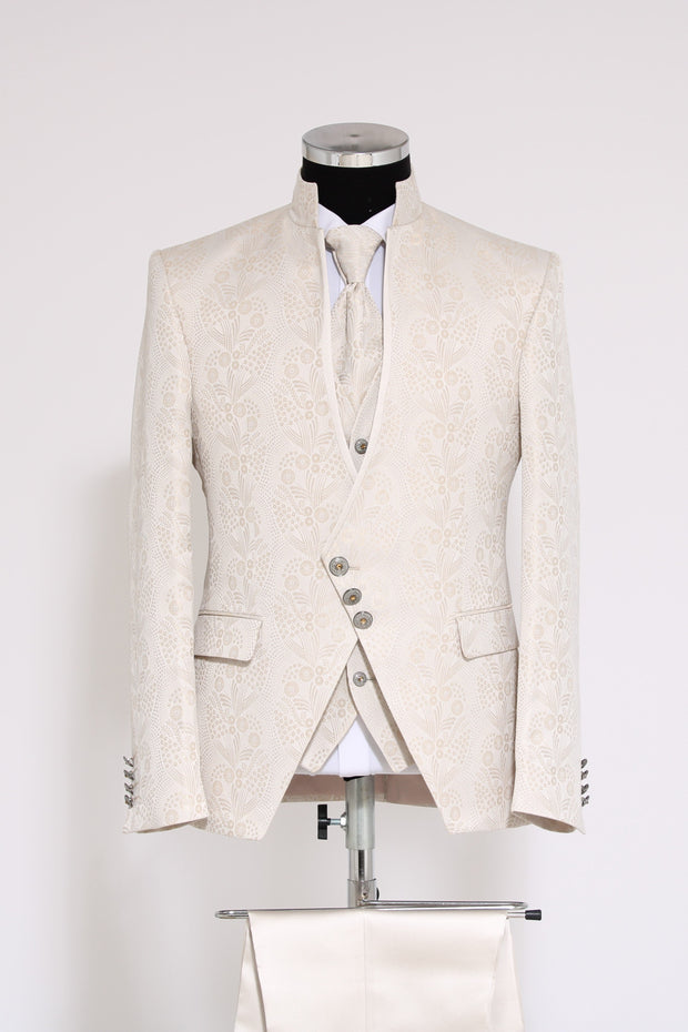 3-Piece Mandarin Collar Patterned Asymmetric Cut Ivory Men's Tuxedo - Wessi