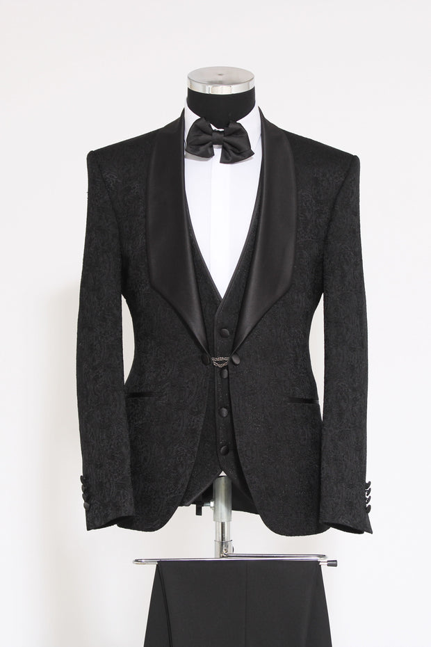 3-Piece Patterned Single Button Satin Lapel Black Men's Tuxedo with Bow Tie - Wessi