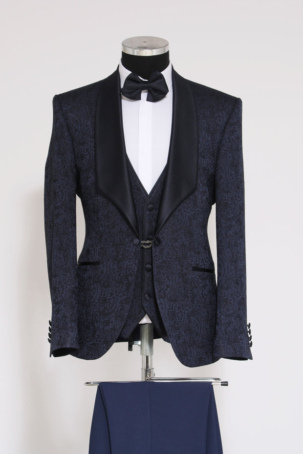 3-Piece Patterned Single Button Satin Lapel Navy Blue Men's Tuxedo with Bow Tie - Wessi