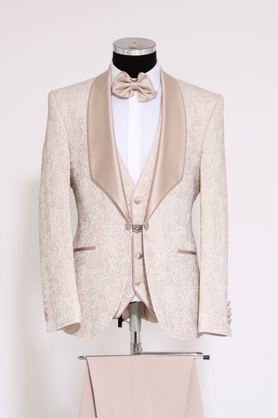 3-Piece Patterned Single Button Satin Lapel Cream Men's Tuxedo with Bow Tie - Wessi