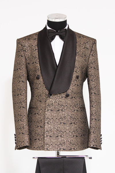 Brocade Double-Breasted Satin Lapel Gold and Black Men's Tuxedo with Bow Tie - Wessi