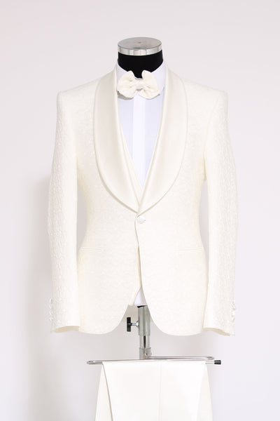 3-Piece Textured Satin Lapel Ivory Men's Tuxedo with Bow Tie - Wessi