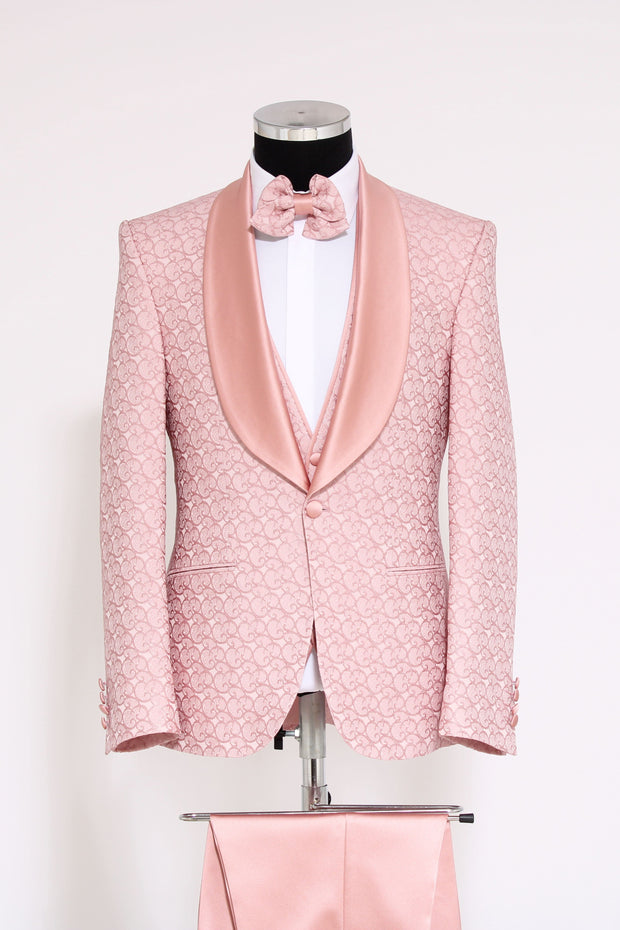 3-Piece Textured Satin Lapel Pink Men's Tuxedo with Bow Tie - Wessi