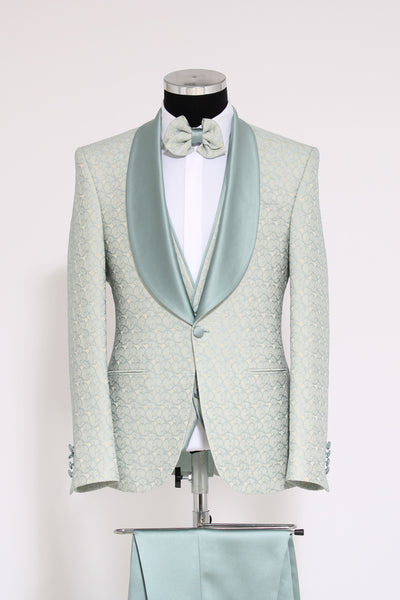 3-Piece Textured Satin Lapel Green Men's Tuxedo with Bow Tie