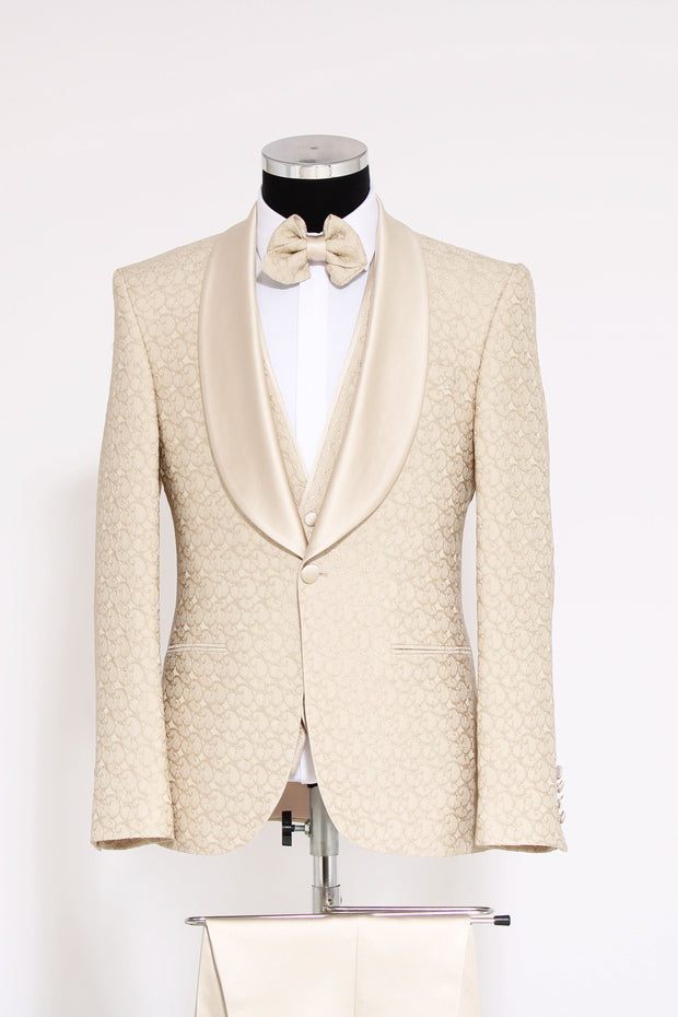 3-Piece Textured Satin Lapel Champagne Men's Tuxedo with Bow Tie