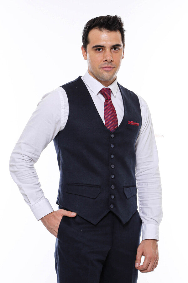 8 Buttoned Plain Navy Blue Vest - Wessi