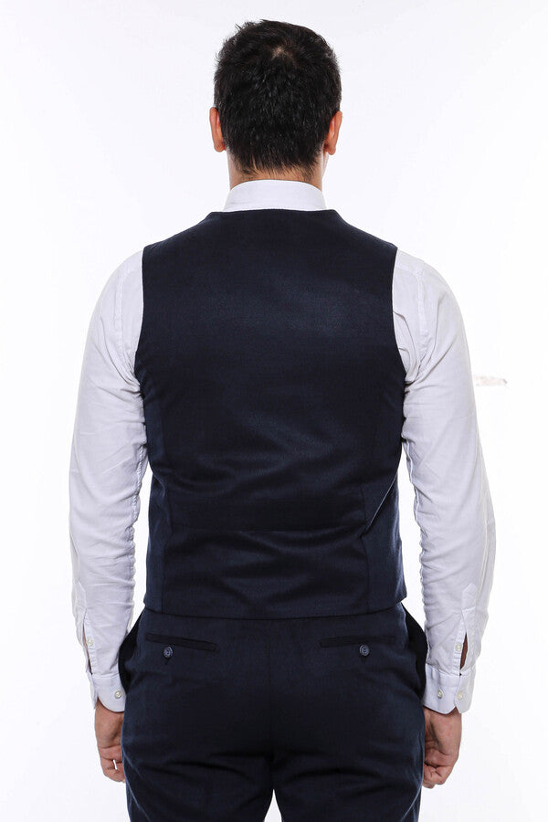 8 Buttoned Plain Navy Blue Vest - Wessi