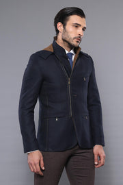 3 Pockets Hooded Zippered Wool Navy Blue Men Short Coat-Wessi