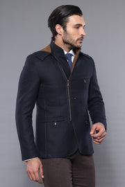 3 Pockets Hooded Zippered Wool Navy Blue Men Short Coat-Wessi