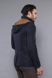 3 Pockets Hooded Zippered Wool Navy Blue Men Short Coat-Wessi