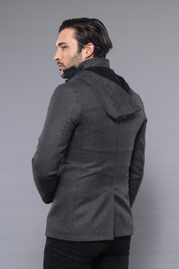 3 Pockets Hooded Zippered Wool Grey Men Short Coat-Wessi