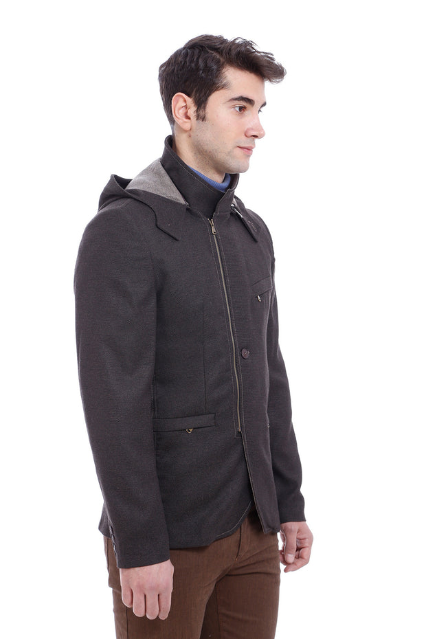 3 Pockets Hooded Zippered Wool Brown Men Short Coat-Wessi