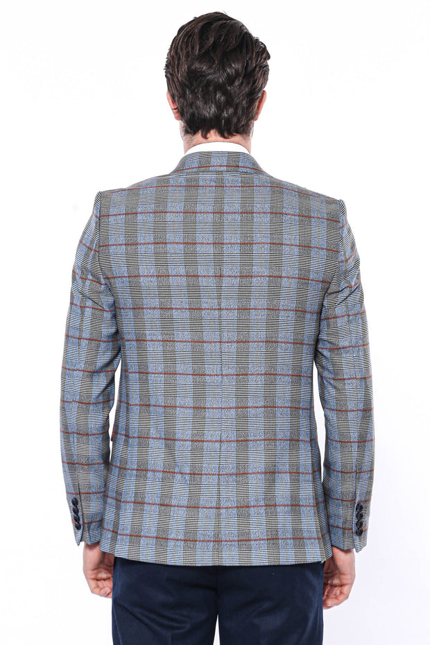 Checked Single Button Navy Blue Men Blazer - Wessi