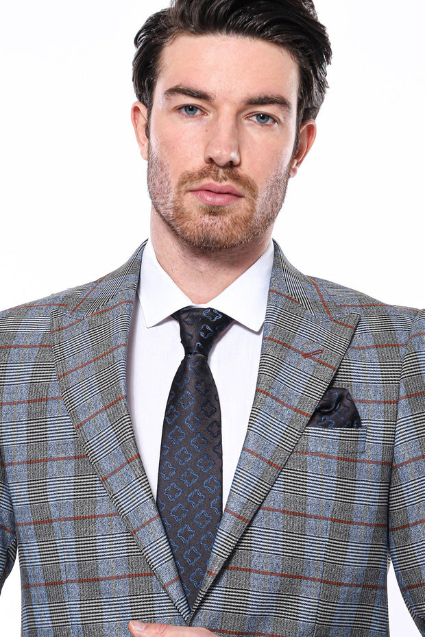 Checked Single Button Navy Blue Men Blazer - Wessi