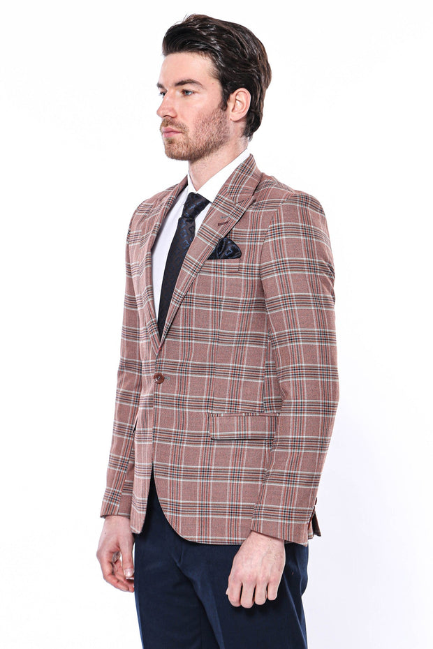 Checked Single Button Burgundy Men Blazer - Wessi