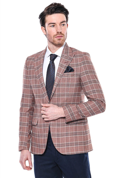 Checked Single Button Burgundy Men Blazer - Wessi