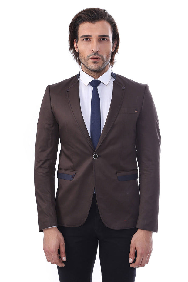 Single Button Standing Collar Brown Men Blazer - Wessi