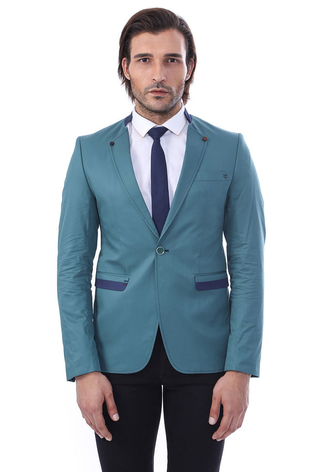 Single Button Standing Collar Green Men Blazer - Wessi