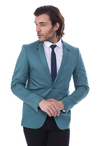 Single Button Standing Collar Green Men Blazer - Wessi