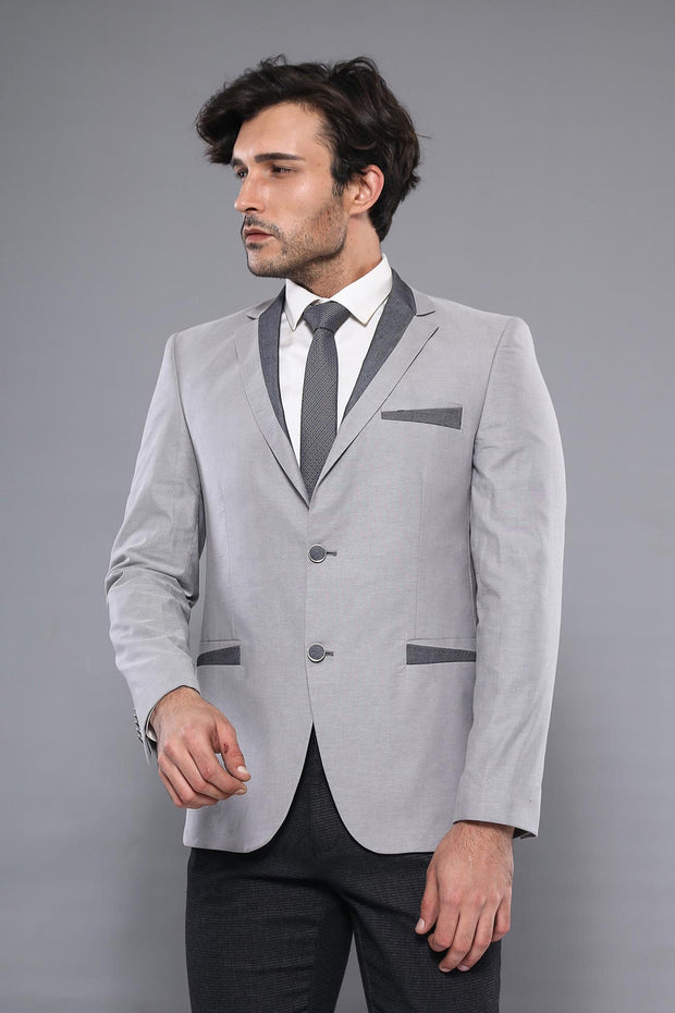 3 Pockets 2 Buttons Cross Piping Grey Jacket-Wessi