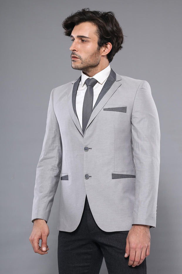 3 Pockets 2 Buttons Cross Piping Grey Jacket-Wessi