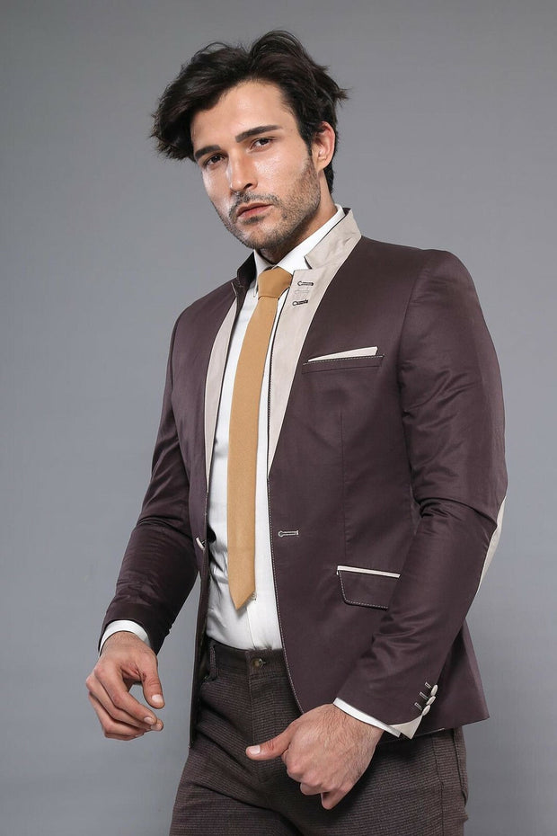 Single Button Collar Garni Tippet Brown Jacket-Wessi