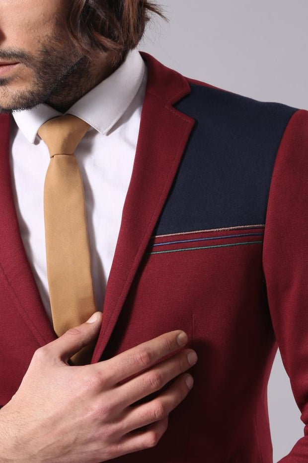 Collar Embroidery Combed Burgundy Men Jacket - Wessi