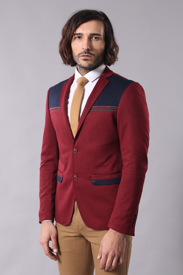 Collar Embroidery Combed Burgundy Men Jacket - Wessi