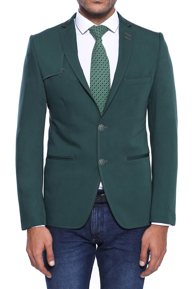 Double Buttons Shoulder Piece Mono Lapel Green Jacket-Wessi