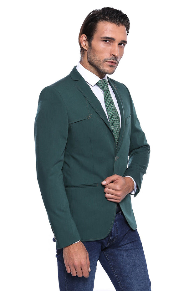 Double Buttons Shoulder Piece Mono Lapel Green Jacket-Wessi