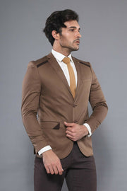 Double Buttons Mono Lapel Shoulder Piece Tan Jacket-Wessi