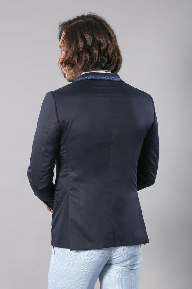 Double Buttons Knit Collar Mono Lapel Navy Blue Jacket-Wessi