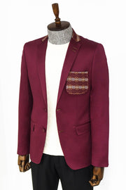 Double Buttons Knit Collar Mono Lapel Burgundy Jacket-Wessi