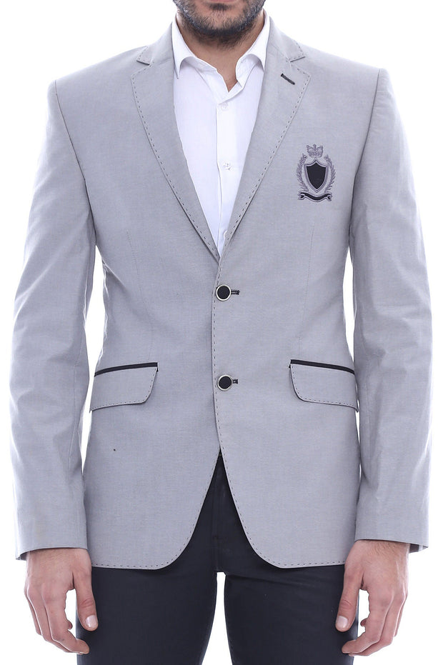 Double Button Mono Lapel Crested Grey Jacket-Wessi