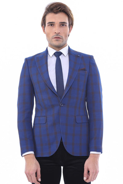 Double Breasted Pointed Collar Plaid Bast Blue Jacket-Wessi