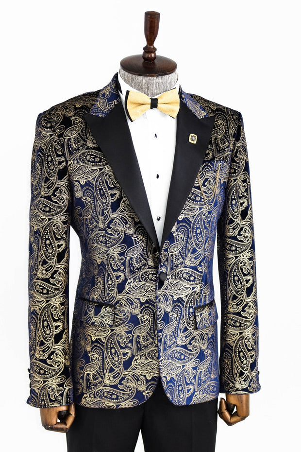 Gold Blue Patterned Over Navy Blue Men Prom Blazer - Wessi