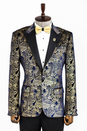 Gold Blue Patterned Over Navy Blue Men Prom Blazer - Wessi